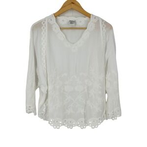 Mind Set by XCVI White Embroidered‎ Floral Rayon Blouse Top S/M